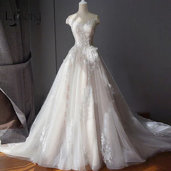 Roycebridal Tulle Ball Gown Off-the-Shoulder Beaded Lace Appliques Wedding Dresses, MW799