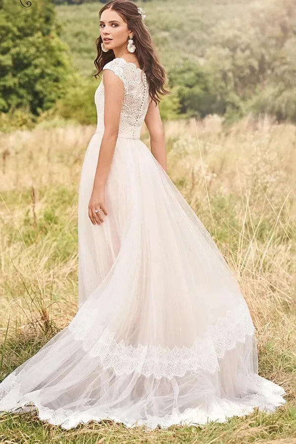Roycebridal Tulle Lace A-line V-neck Cap Sleeves Rustic Wedding Dresses, Bridal Gown, MW751