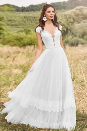 Roycebridal Tulle Lace A-line V-neck Cap Sleeves Rustic Wedding Dresses, Bridal Gown, MW751