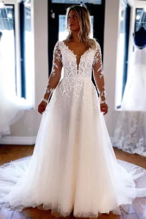 Roycebridal Tulle Lace A-line V-neck Long Sleeves Wedding Dresses, Wedding Gown, MW717