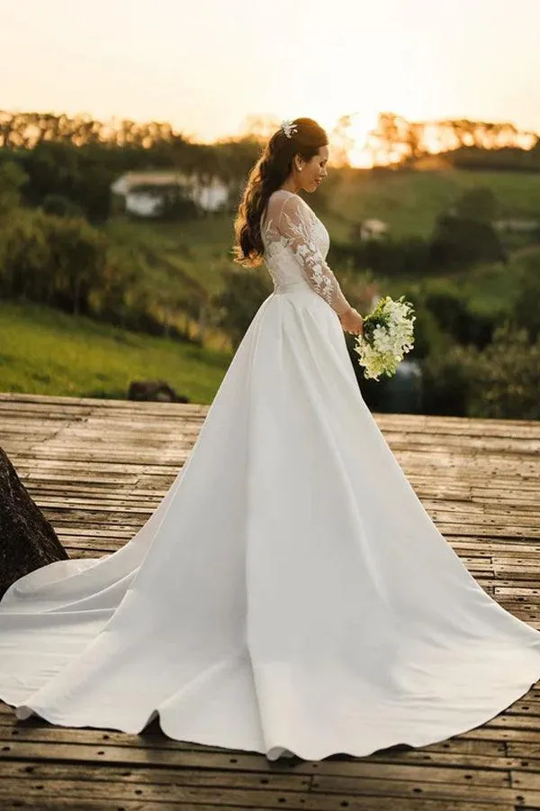Roycebridal Tulle Lace Long Sleeves Rustic Wedding Dresses With Detachable Satin, MW860