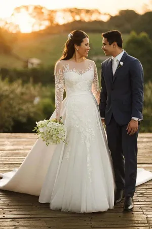 Roycebridal Tulle Lace Long Sleeves Rustic Wedding Dresses With Detachable Satin, MW860