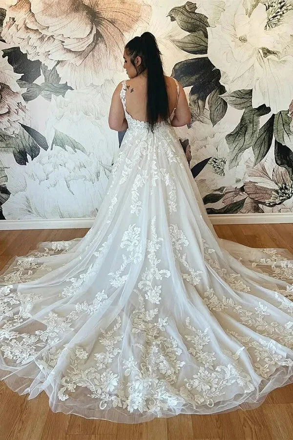 Roycebridal Tulle Lace Plus Size A-line V-neck Backless Wedding Dresses, Bridal Gowns, MW752