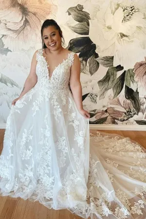 Roycebridal Tulle Lace Plus Size A-line V-neck Backless Wedding Dresses, Bridal Gowns, MW752