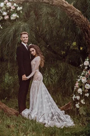 Roycebridal Tulle Mermaid Backless Long sleeves Lace Wedding Dresses With Train, MW1023