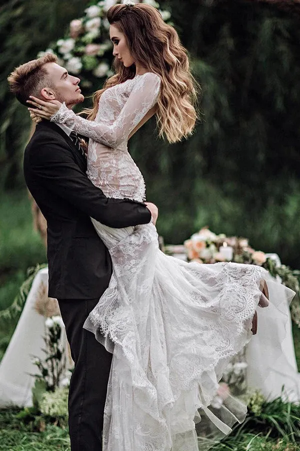 Roycebridal Tulle Mermaid Backless Long sleeves Lace Wedding Dresses With Train, MW1023