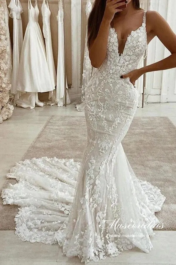 Roycebridal Tulle Mermaid V-neck Rustic Wedding Dresses With Detachable Train, MW973