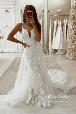 Roycebridal Tulle Mermaid V-neck Rustic Wedding Dresses With Detachable Train, MW973