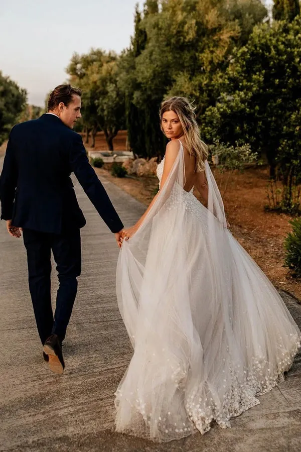 Roycebridal Tulle Open Back Spaghetti Straps Wedding Dresses Romantic Bridal Dresses,MW502