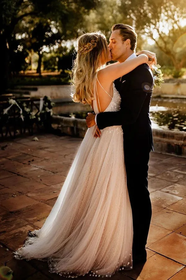 Roycebridal Tulle Open Back Spaghetti Straps Wedding Dresses Romantic Bridal Dresses,MW502