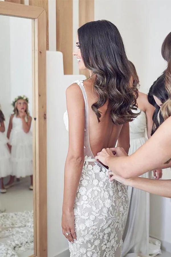 Roycebridal Vintage Lace Mermaid Beaded Deep V Neck Wedding Dress, Bridal Gown, MW558