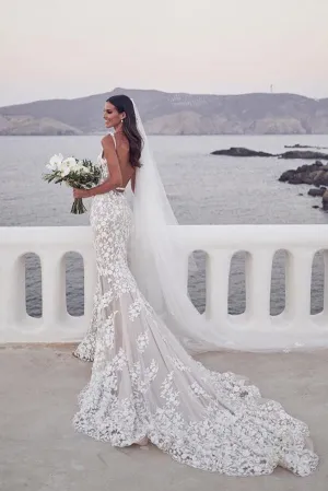 Roycebridal Vintage Lace Mermaid Beaded Deep V Neck Wedding Dress, Bridal Gown, MW558