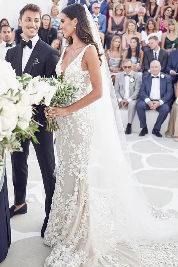 Roycebridal Vintage Lace Mermaid Beaded Deep V Neck Wedding Dress, Bridal Gown, MW558