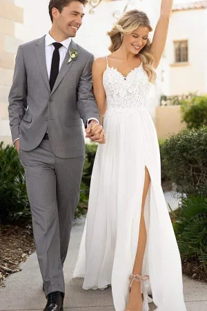 Roycebridal White Chiffon Lace A-line Spaghetti Straps Flowy Beach Wedding Dresses, MW756