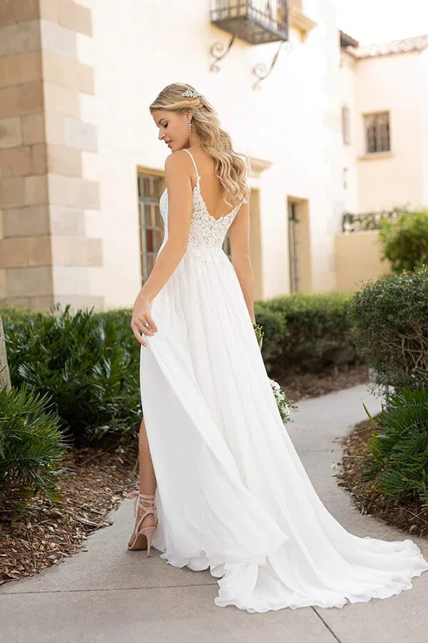 Roycebridal White Chiffon Lace A-line Spaghetti Straps Flowy Beach Wedding Dresses, MW756