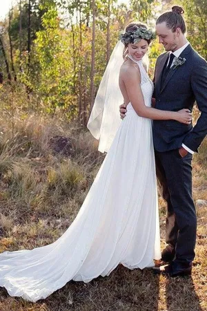 Roycebridal White Lace Chiffon A-line Halter Neck Backless Wedding Dresses With Train, MW655