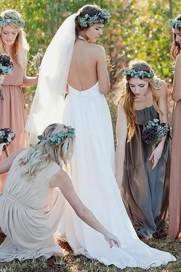 Roycebridal White Lace Chiffon A-line Halter Neck Backless Wedding Dresses With Train, MW655