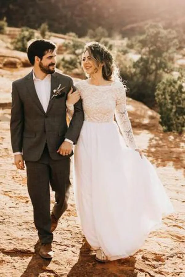 Roycebridal White Lace Tulle Long Sleeves Beach Wedding Dresses, Bridal Dress, MW570