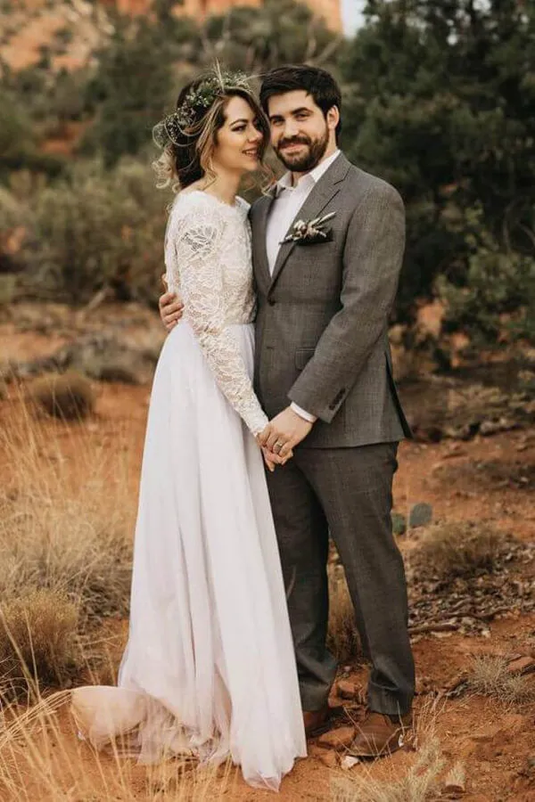Roycebridal White Lace Tulle Long Sleeves Beach Wedding Dresses, Bridal Dress, MW570
