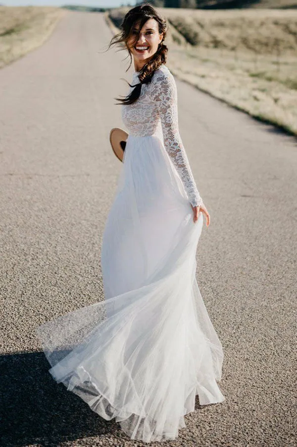 Roycebridal White Lace Tulle Long Sleeves Beach Wedding Dresses, Bridal Dress, MW570
