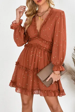 Rust Glitter Stars V Neck Backless Ruffle Mini Dress