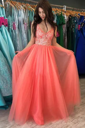 Rustic Watermelon A-line V-neck Prom Dresses With Lace, Formal Dress, SP666