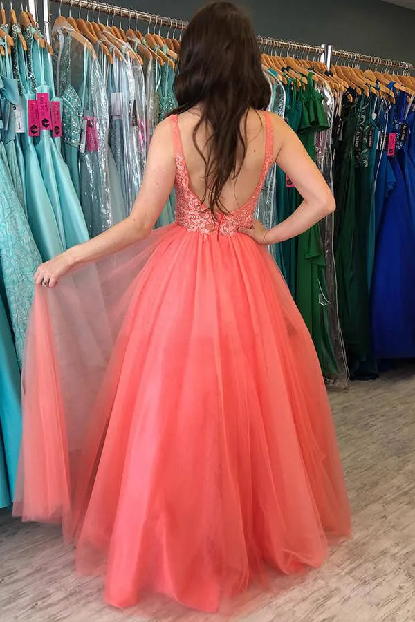 Rustic Watermelon A-line V-neck Prom Dresses With Lace, Formal Dress, SP666