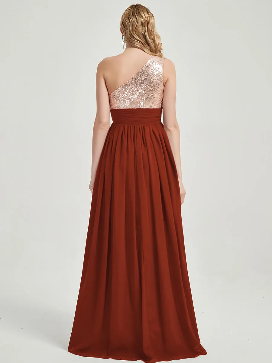 Rusty Red One-Shoulder Sequin Chiffon Maxi A-Line Bridesmaid Dress