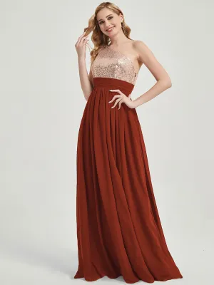 Rusty Red One-Shoulder Sequin Chiffon Maxi A-Line Bridesmaid Dress