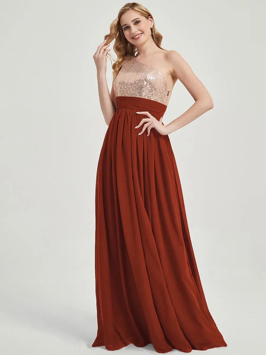 Rusty Red One-Shoulder Sequin Chiffon Maxi A-Line Bridesmaid Dress