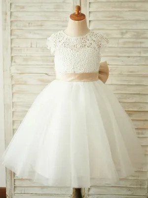 Sash Short Sleeves Jewel Neck Ecru White Kids Party Dresses
