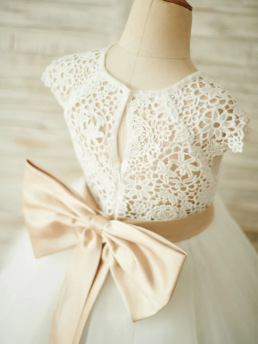 Sash Short Sleeves Jewel Neck Ecru White Kids Party Dresses
