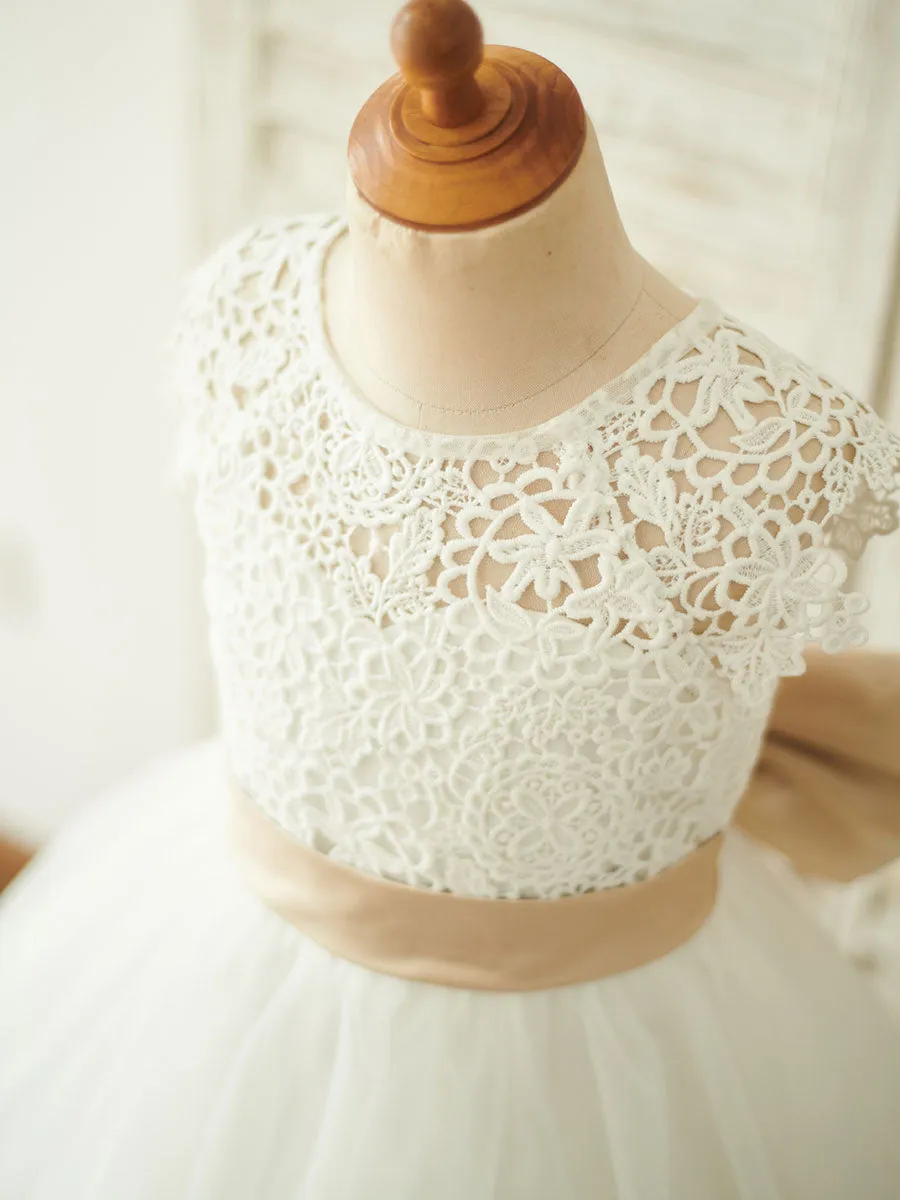 Sash Short Sleeves Jewel Neck Ecru White Kids Party Dresses