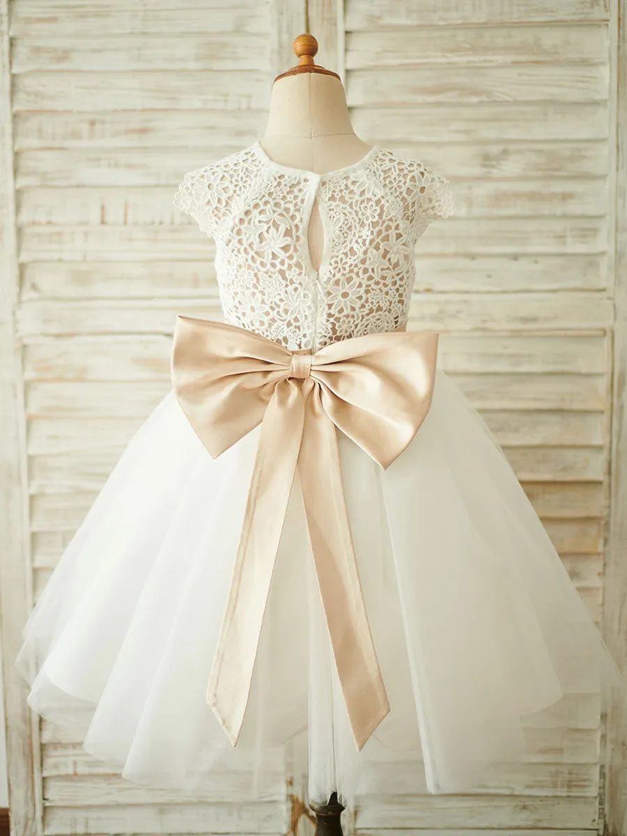 Sash Short Sleeves Jewel Neck Ecru White Kids Party Dresses