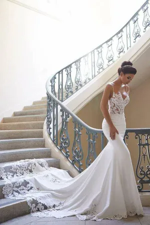 Satin Mermaid Spaghetti Strap Backless Lace Appliques Wedding Dresses, SW565