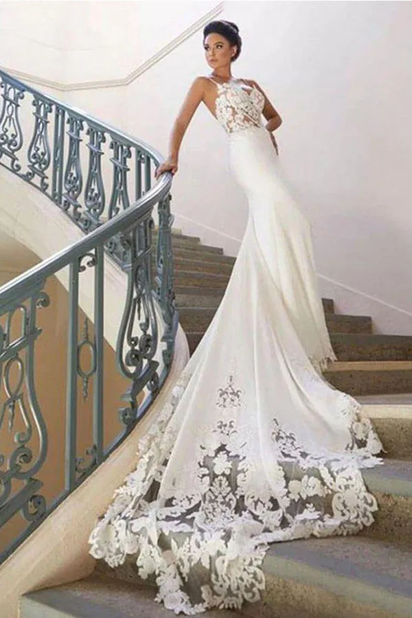 Satin Mermaid Spaghetti Strap Backless Lace Appliques Wedding Dresses, SW565