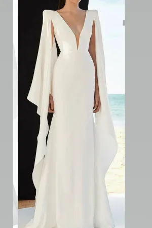 Saudi Arabia Long White Evening Gown with Deep V-neckline