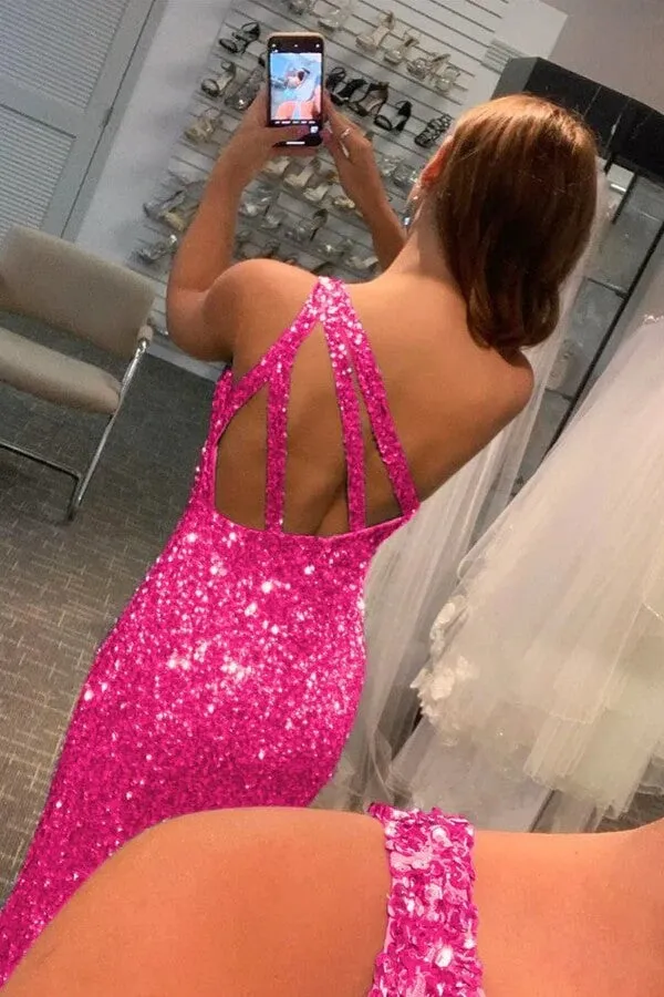 Sequins Mermaid One-Shoulder Backless Long Prom Dresses With Side Slit, SP902