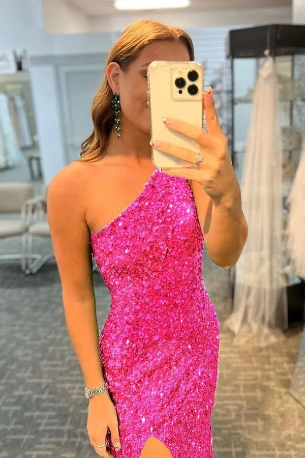 Sequins Mermaid One-Shoulder Backless Long Prom Dresses With Side Slit, SP902