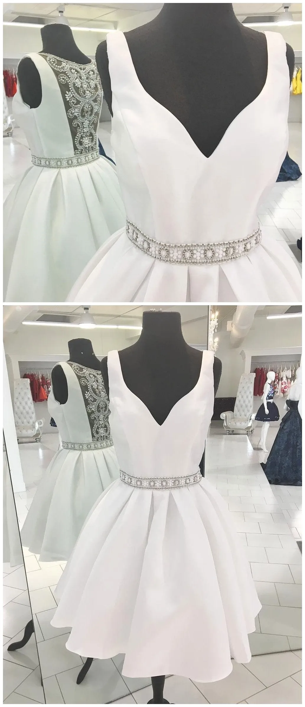 Sexy See Through V Neck Short Rhinestone White Homecoming Dresses 2018, BDY0257