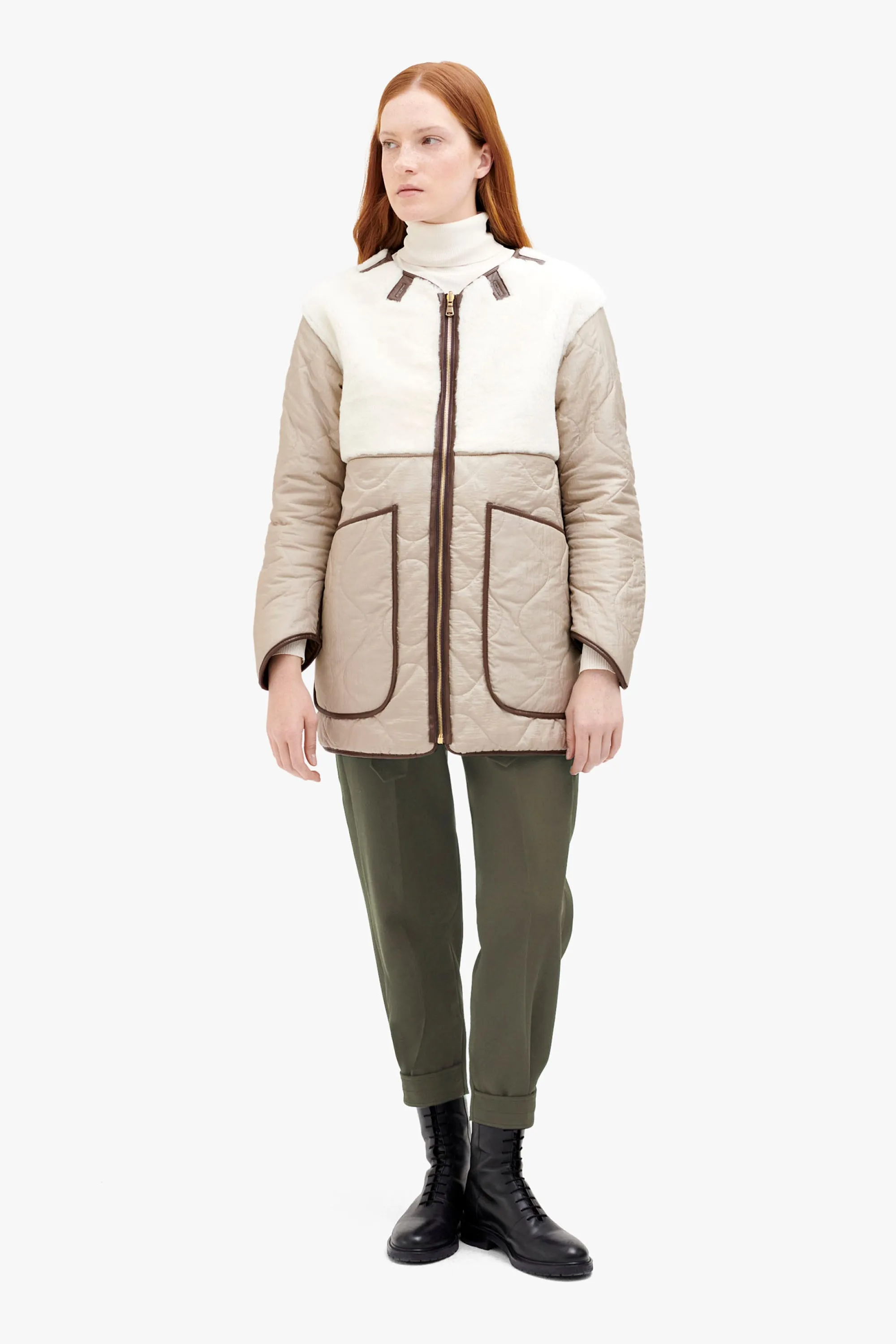 Shearling Aviator Quilt Jacket - Bronze / Natural