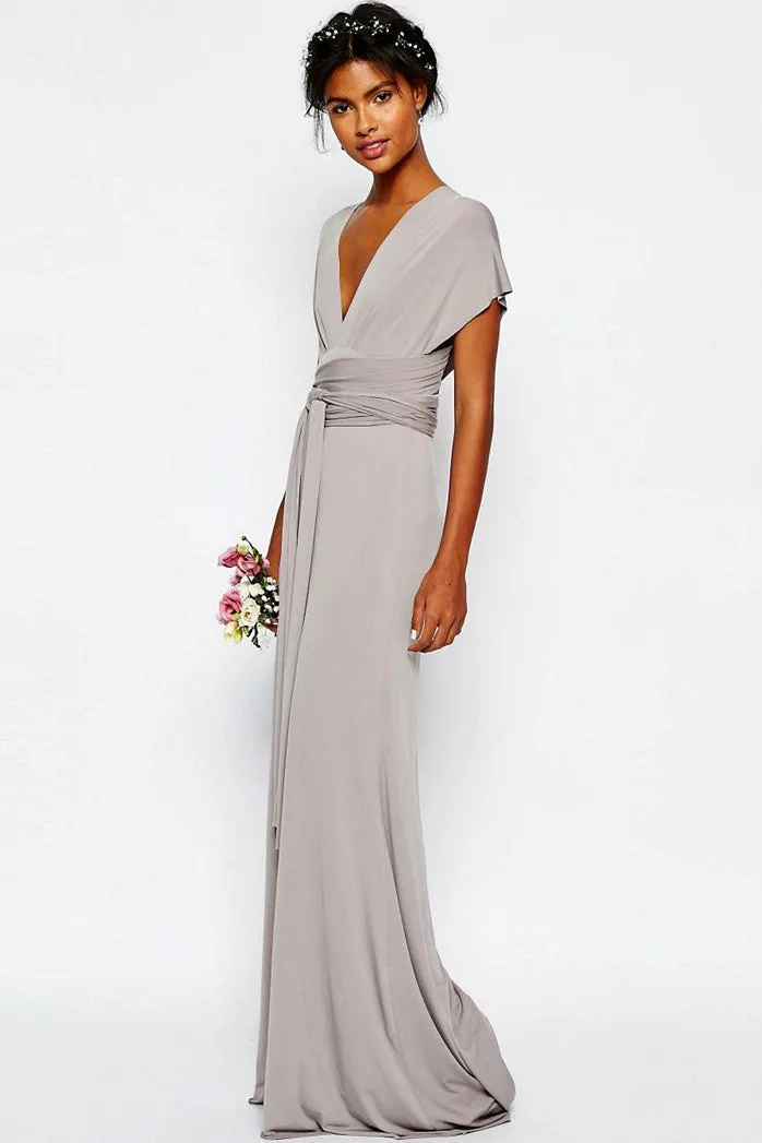 Sheath V-Neck Sash Floor-Length Short-Sleeve Jersey Bridesmaid Dress-MK_100686