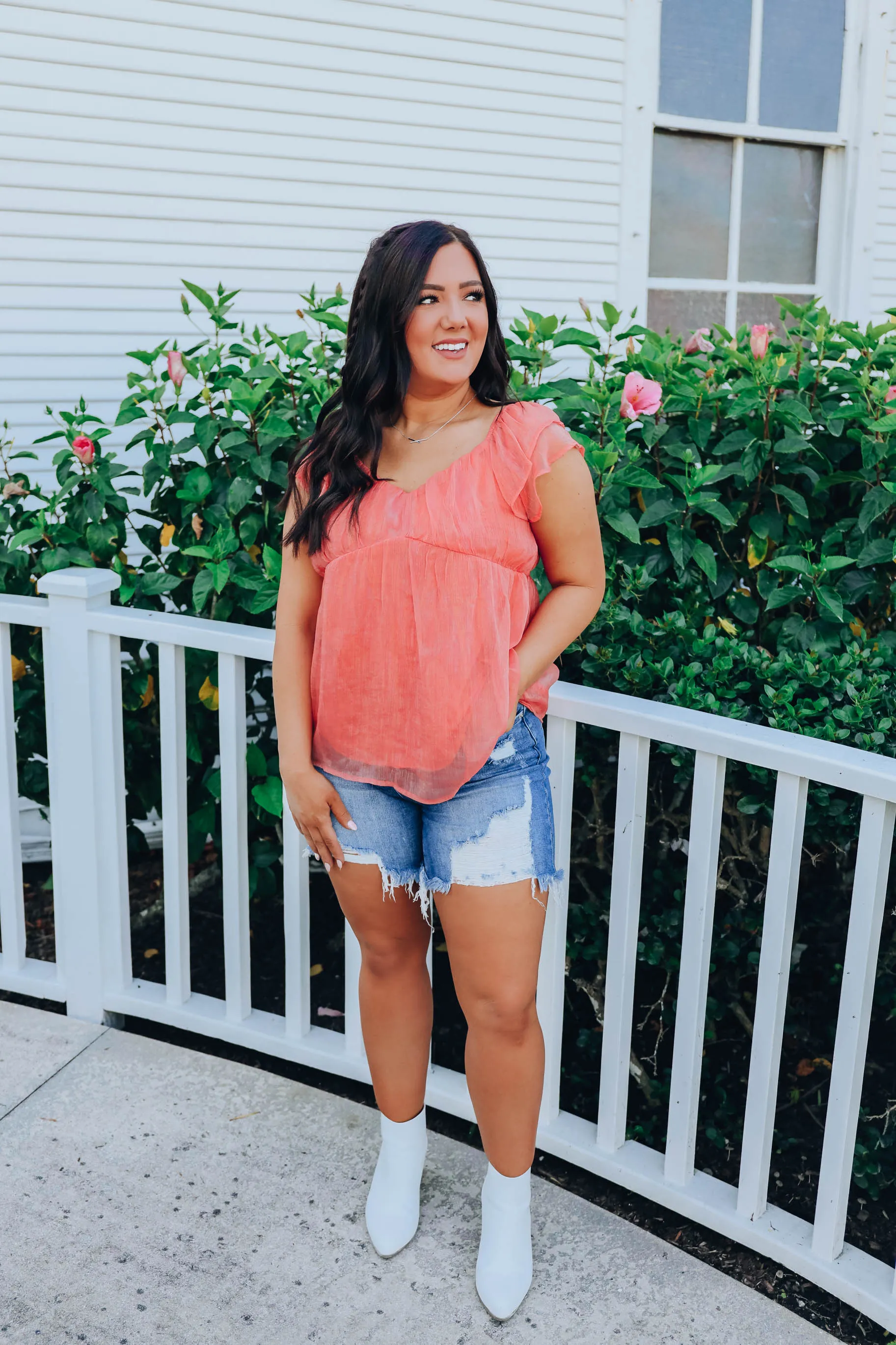 Shimmering Chiffon Baby Doll Top - Coral- FINAL SALE