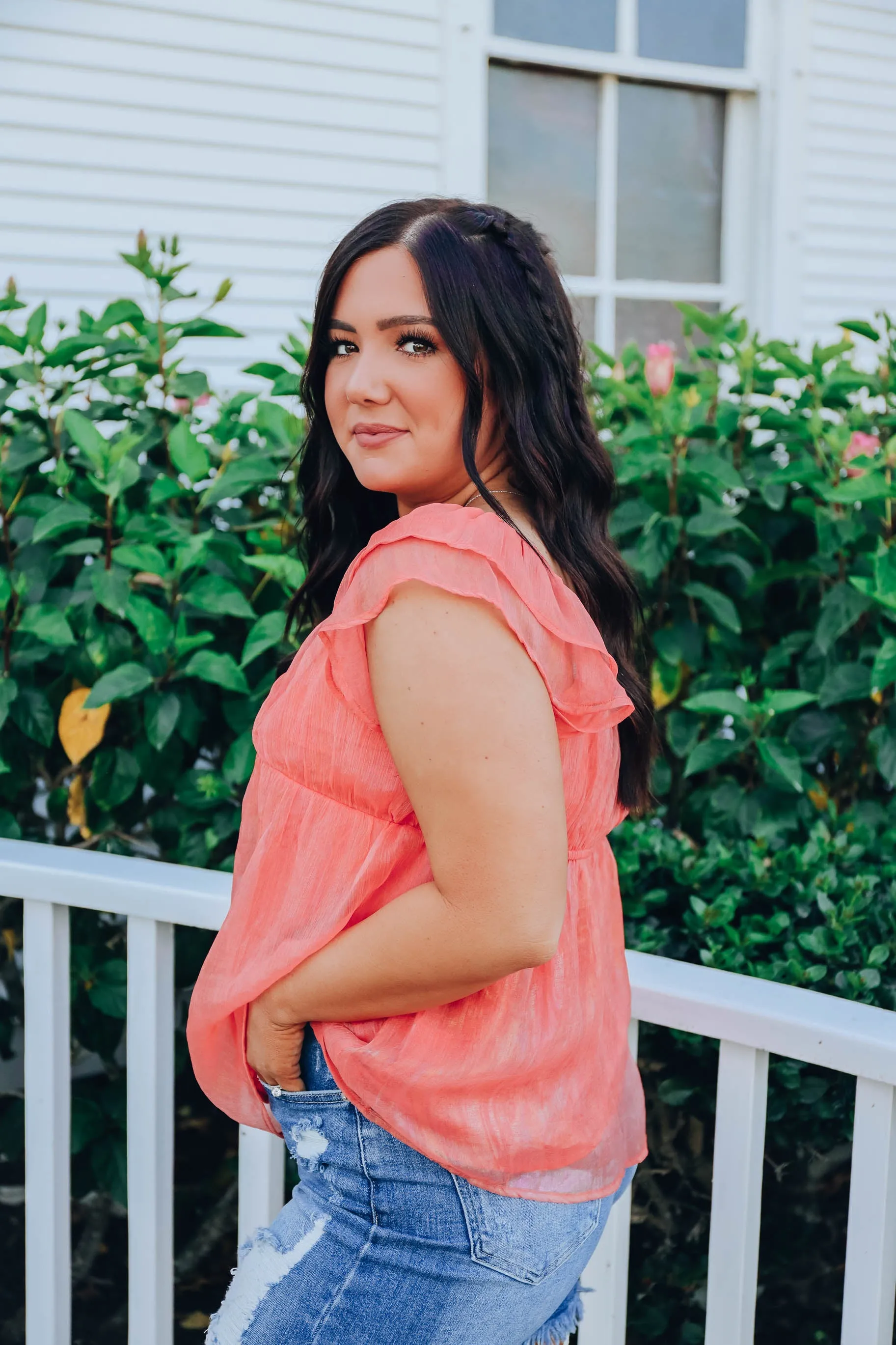 Shimmering Chiffon Baby Doll Top - Coral- FINAL SALE