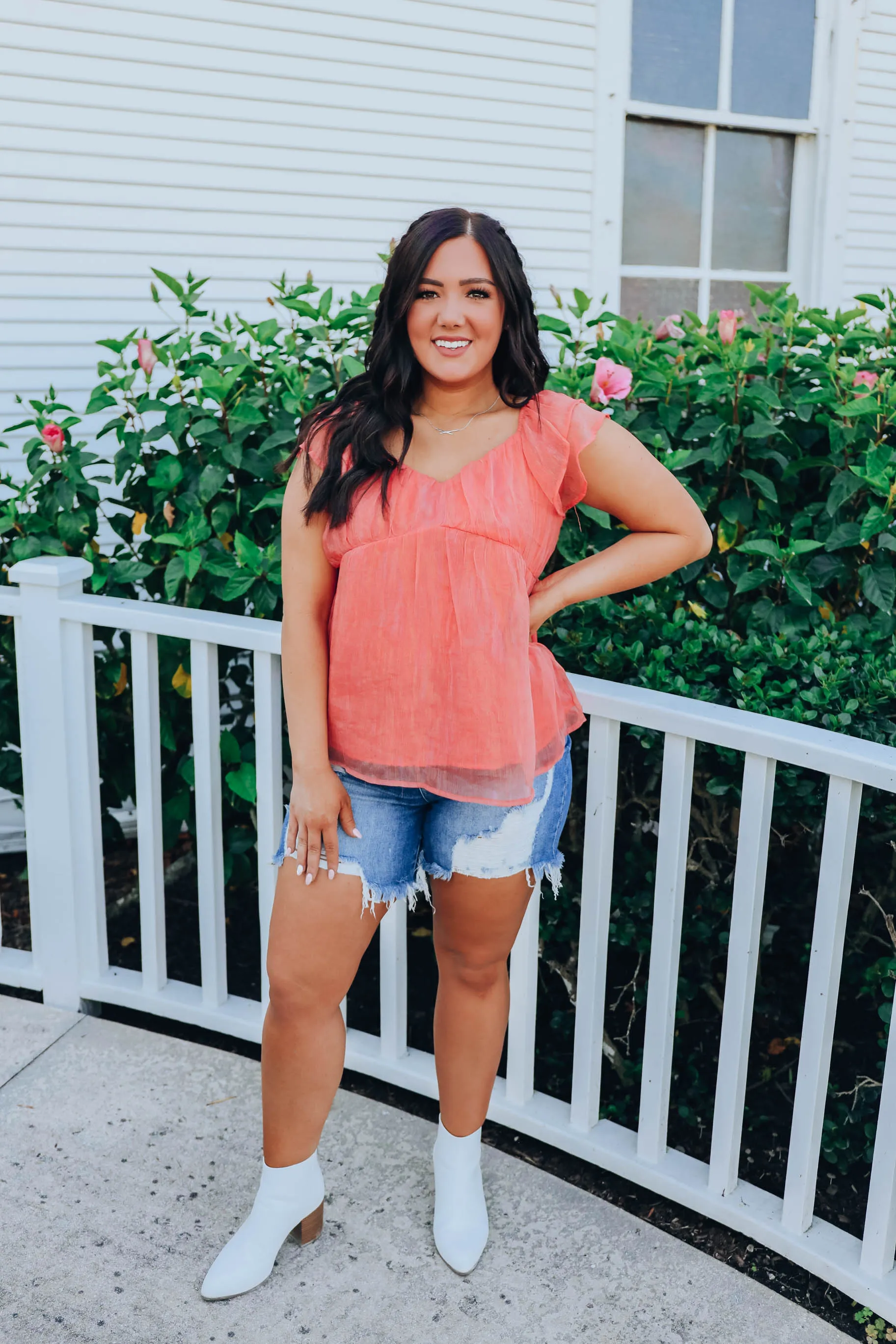 Shimmering Chiffon Baby Doll Top - Coral- FINAL SALE
