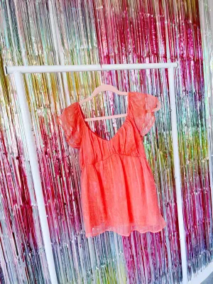 Shimmering Chiffon Baby Doll Top - Coral- FINAL SALE