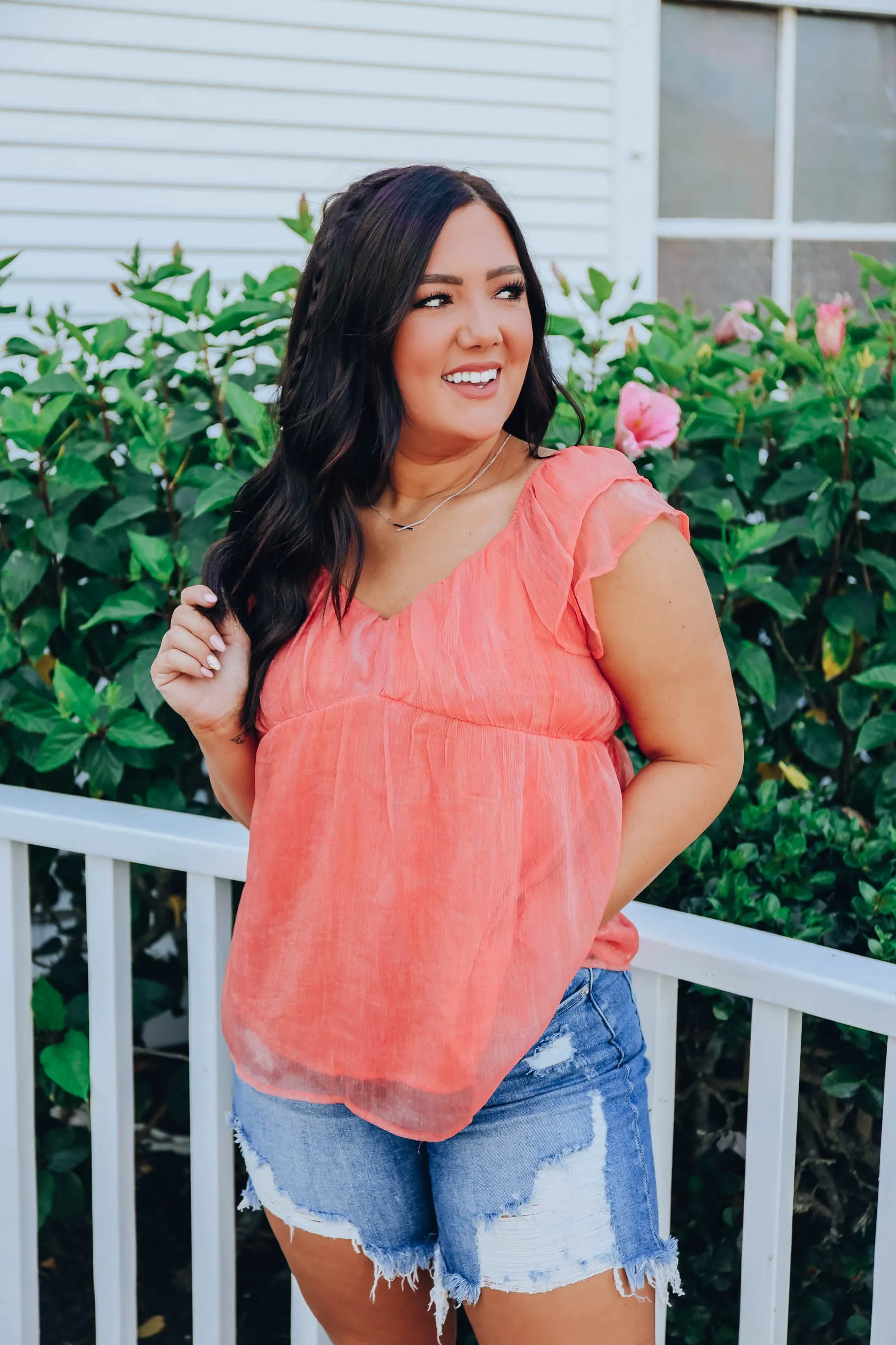Shimmering Chiffon Baby Doll Top - Coral- FINAL SALE