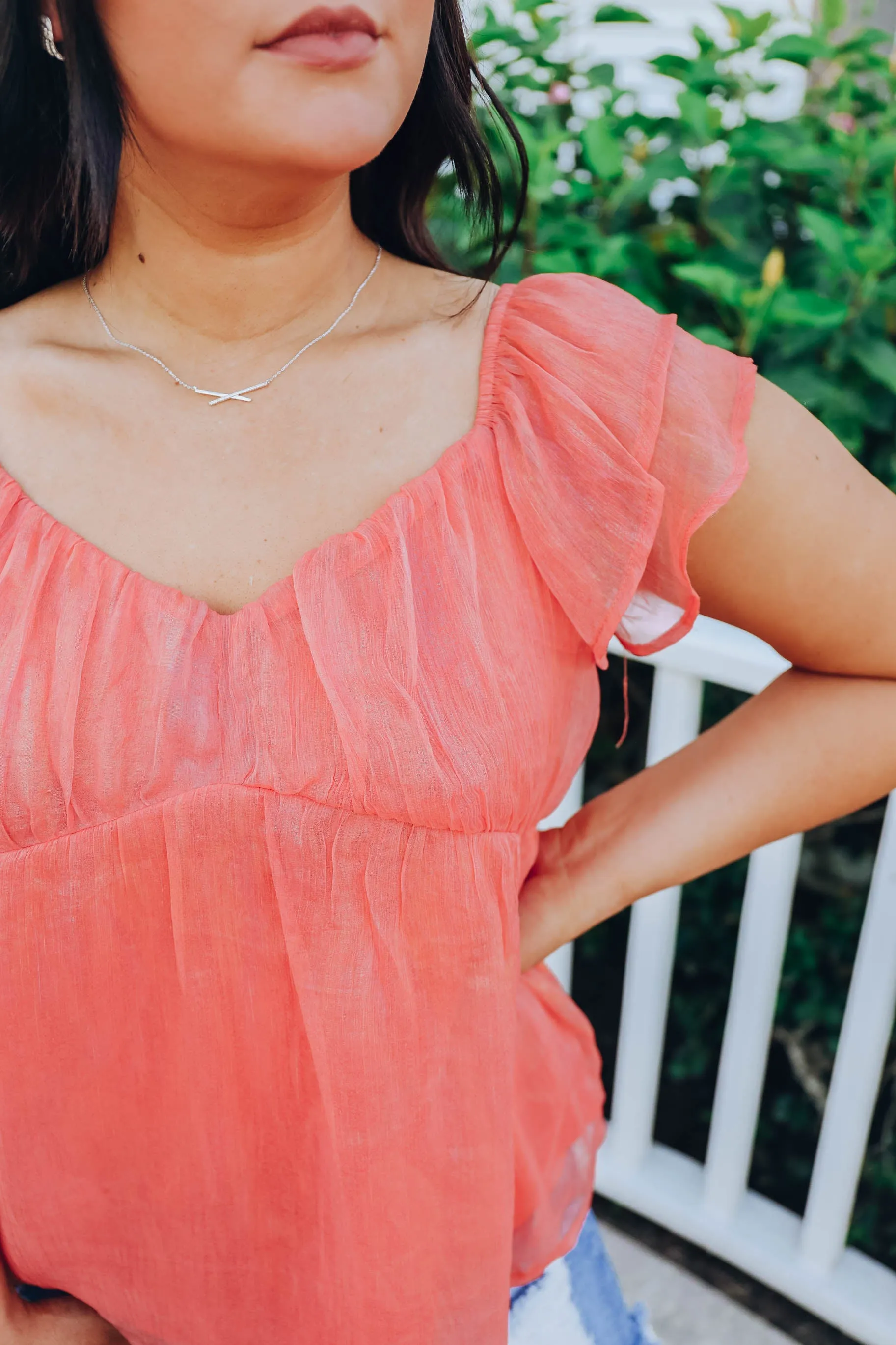 Shimmering Chiffon Baby Doll Top - Coral- FINAL SALE