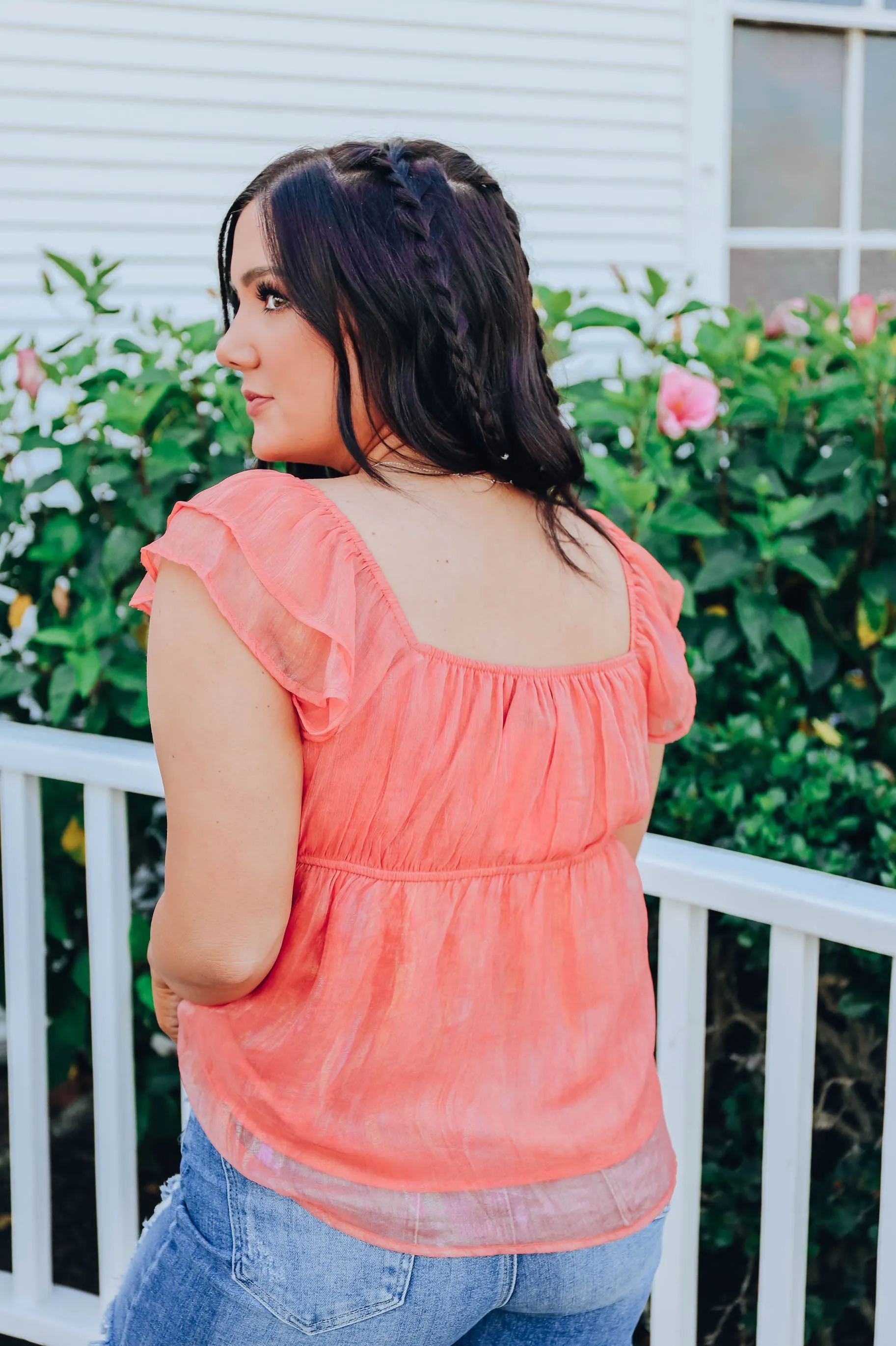 Shimmering Chiffon Baby Doll Top - Coral- FINAL SALE
