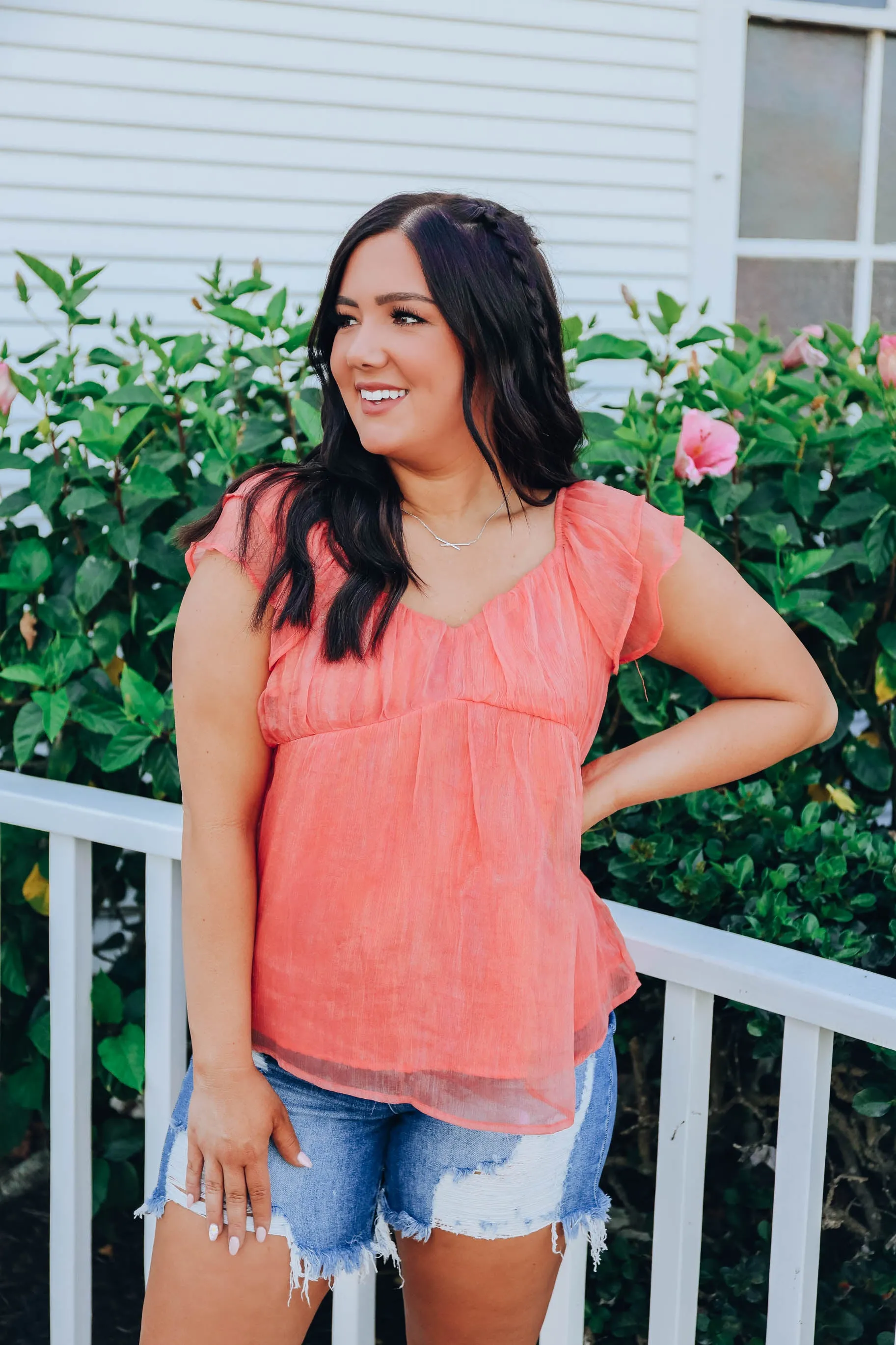 Shimmering Chiffon Baby Doll Top - Coral- FINAL SALE